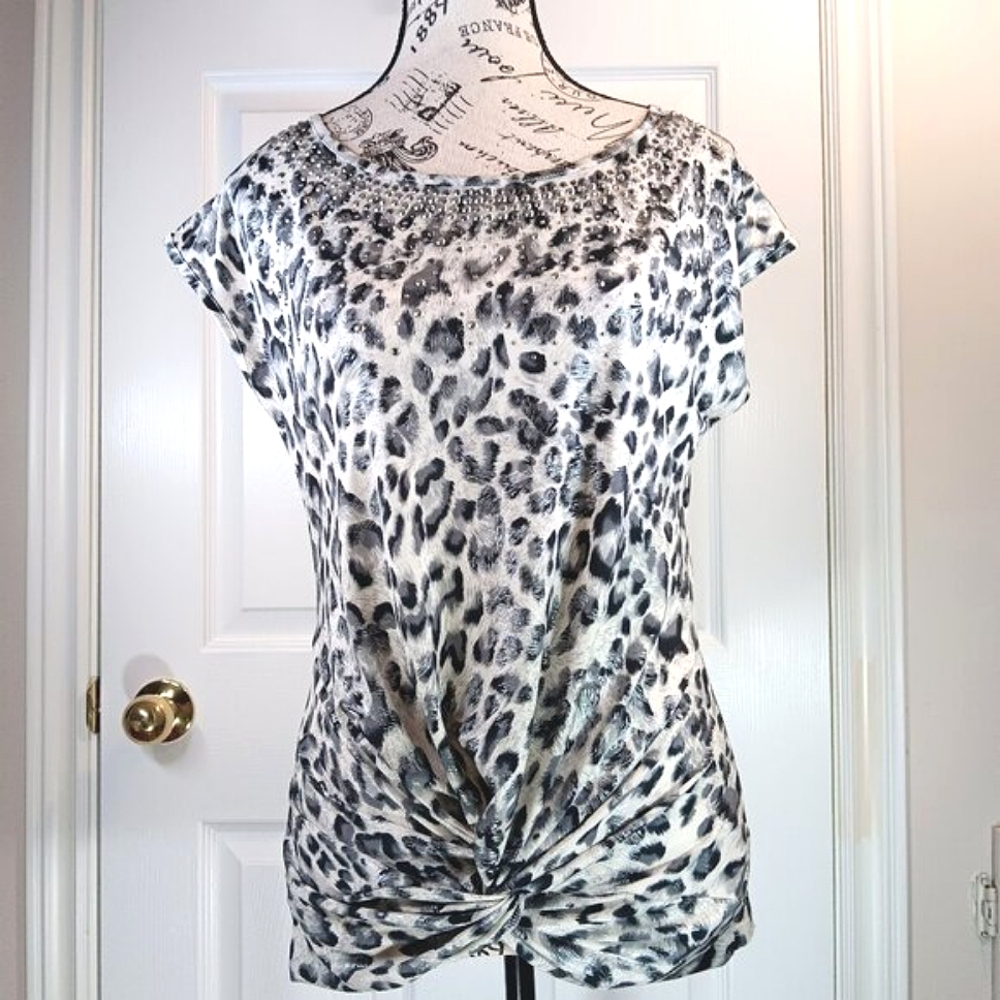 NWOT Suzy Shier Grey Animal Print Top Sequin Trim Twist Pleat Waist Size M
